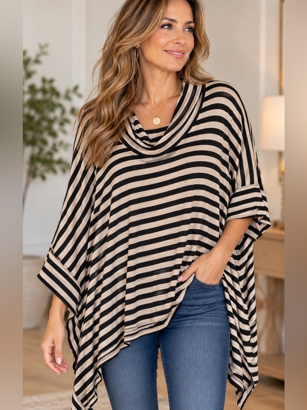 Andrea Jovine Black & Cream Striped Cowl Neck Tunic